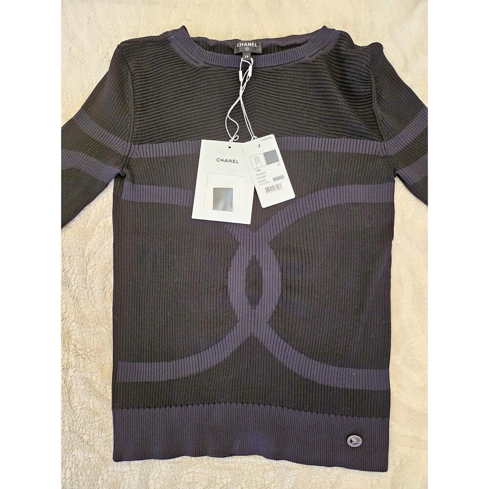 CHANEL 2019 19B CC Silk Rib Knit Pullover, Black/Navy, FR 38, US 6, NWT